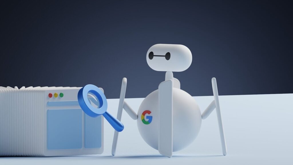 A White Robot Holding A Magnifying Glass Next To A White Box