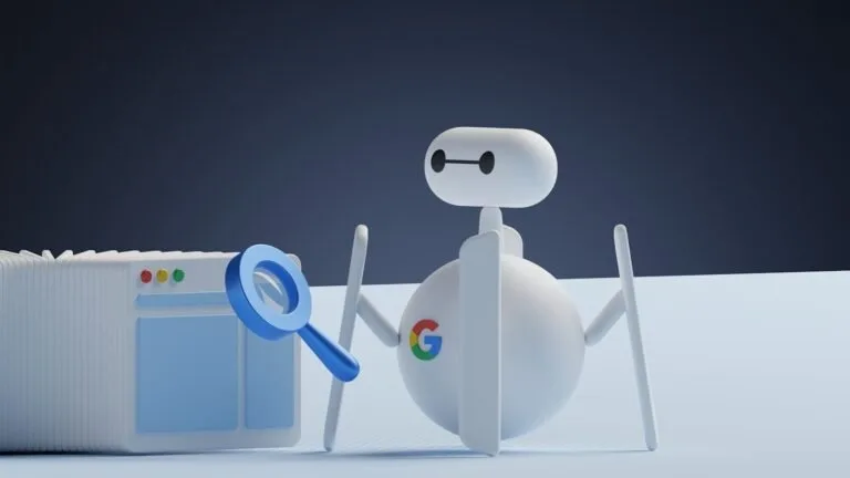 A white robot holding a magnifying glass next to a white box