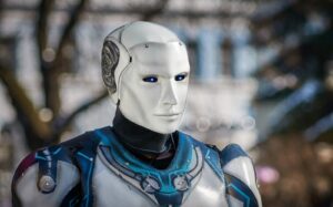 Simple Reflex Vs Model-Based Agents 174 | Ai Agent Close-Up Of A Futuristic Humanoid Robot With Metallic Armor And Blue Led Eyes.