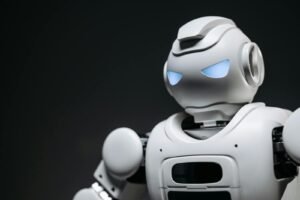 High-tech robot toy with a gray background in studio lighting.