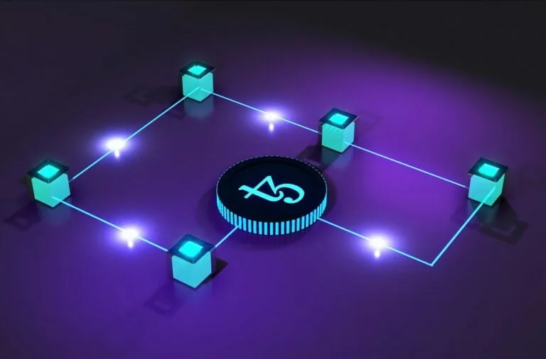 A purple background with a black and blue circle surrounded by blue and green cubes