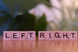 A wooden block spelling left right on a table