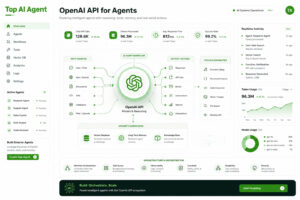 Openai Api For Agents: Features, Pricing, Use Cases, And Developer Guide (2026) 117 | Ai Agent A Futuristic Ai Operations Dashboard Featuring Openai-Powered Agents Connected To Apis, Vector Databases, Workflow Orchestration Systems, And Realtime Infrastructure Using The Green-And-White Top Ai Agent Visual Identity.